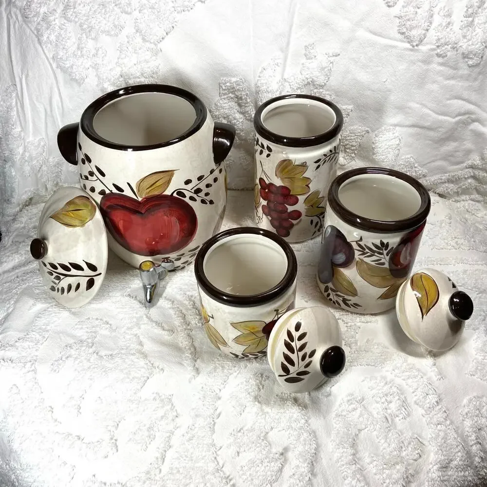 TABLETOPS GALLERY BOUNTIFUL Apples & Berries Hand Painted and Crafted Canisters